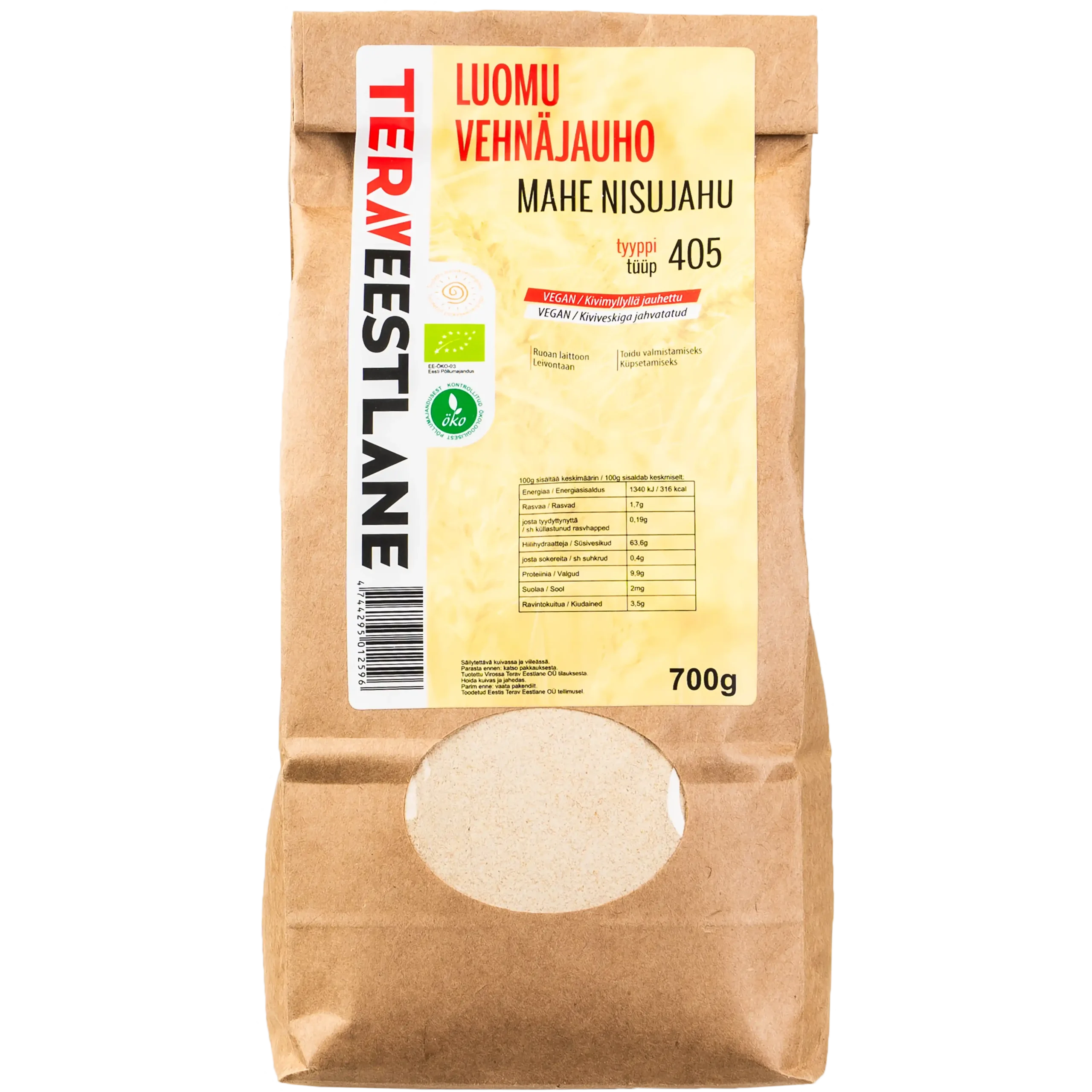 Vehnäjauhoa tyyppi 405 700g kivimyllyllä jauhettu  luomu Terav Eestlane