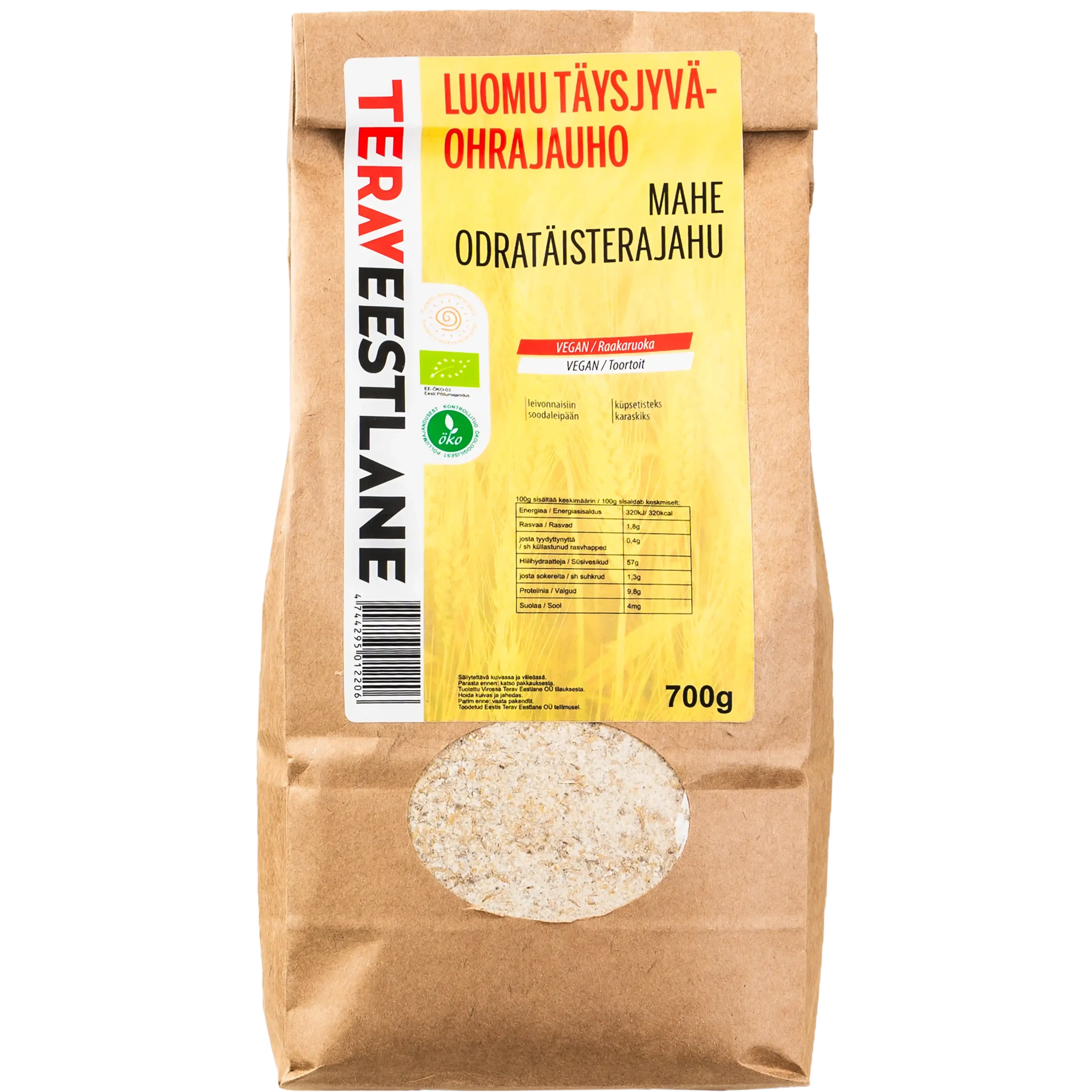 Täysjyväohrajauho 700g luomu Terav Eestlane