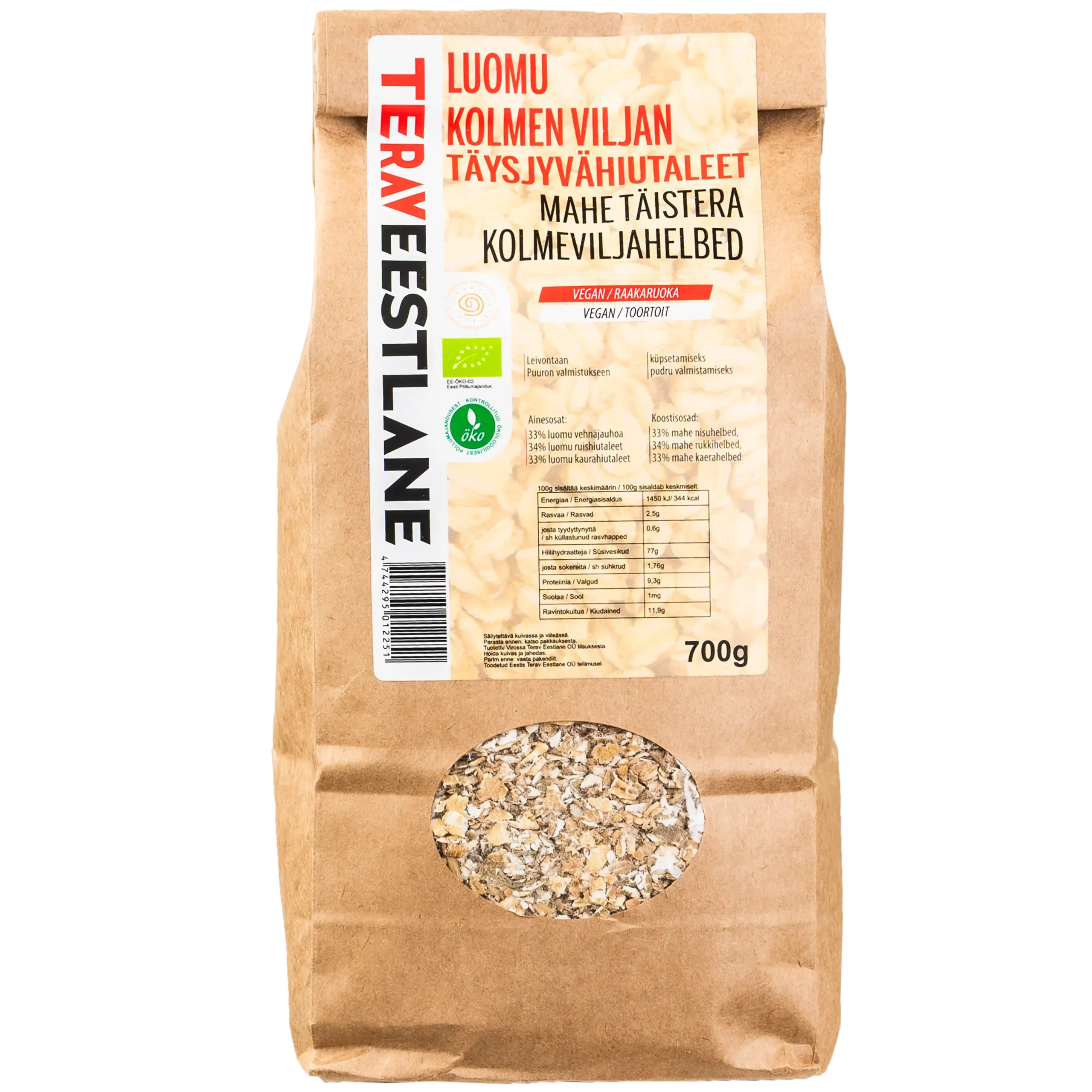 KOLMEN VILJAN TÄYSJYVÄHIUTALEET 700g  Terav Eestlane luomu