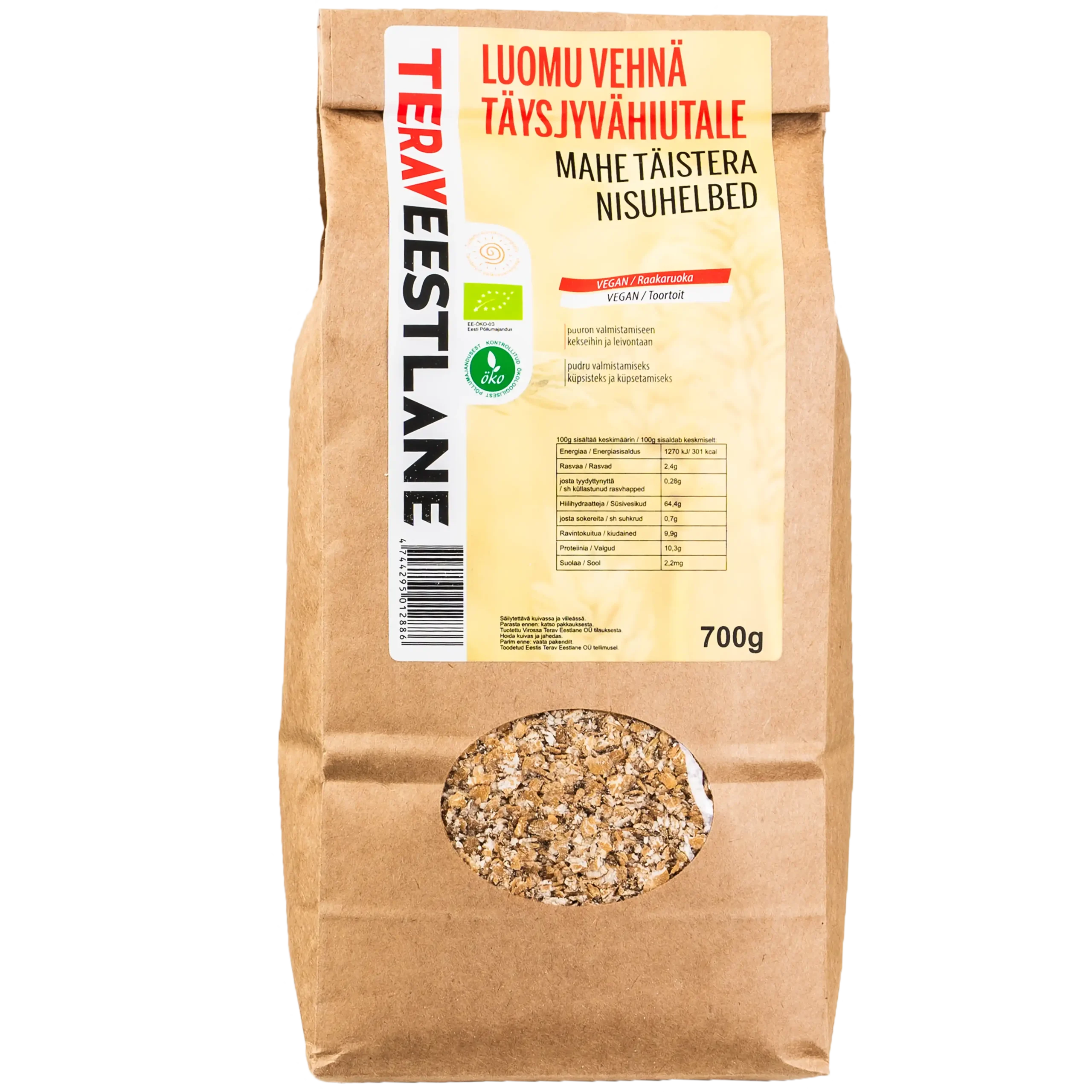 Vehnä täysjyvähiutale 700g luomu. Terav Eestlane