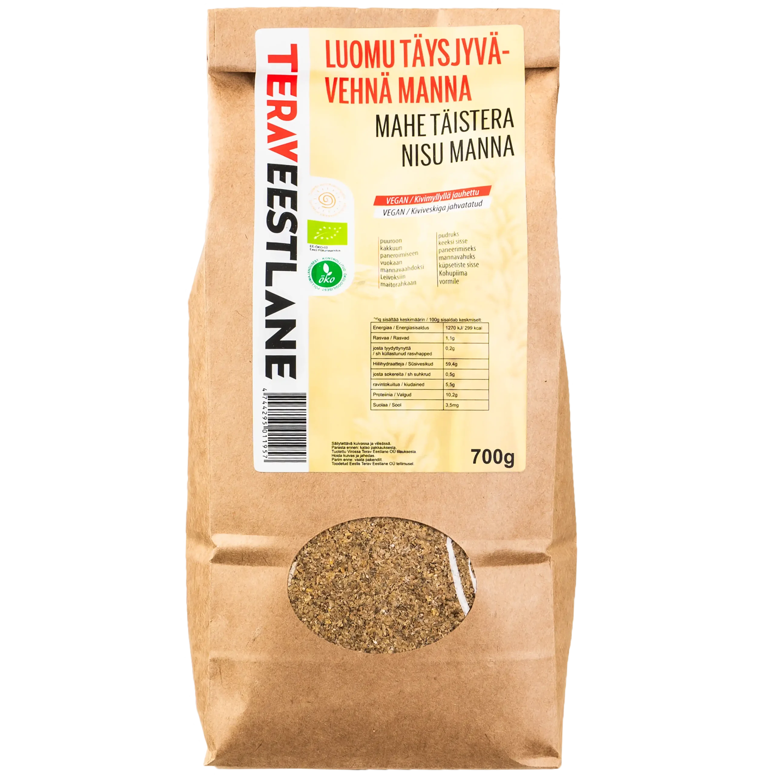 Täysjyvävehnä manna 700g luomu Terav Eestlane