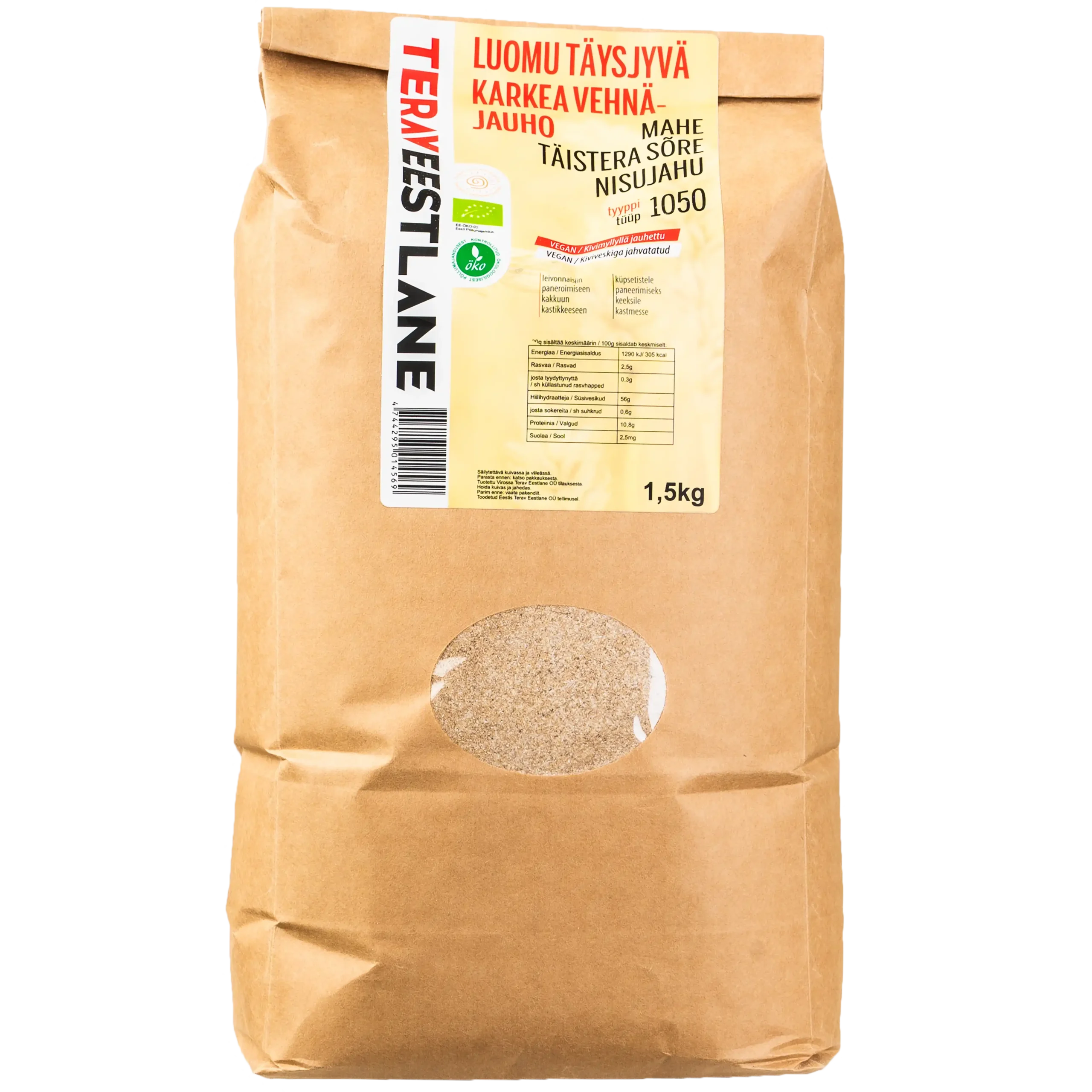TÄYSJYVÄ KARKEA VEHNÄJAUHO  1,5kg tyyppi 1050 luomu Terav Eestlane