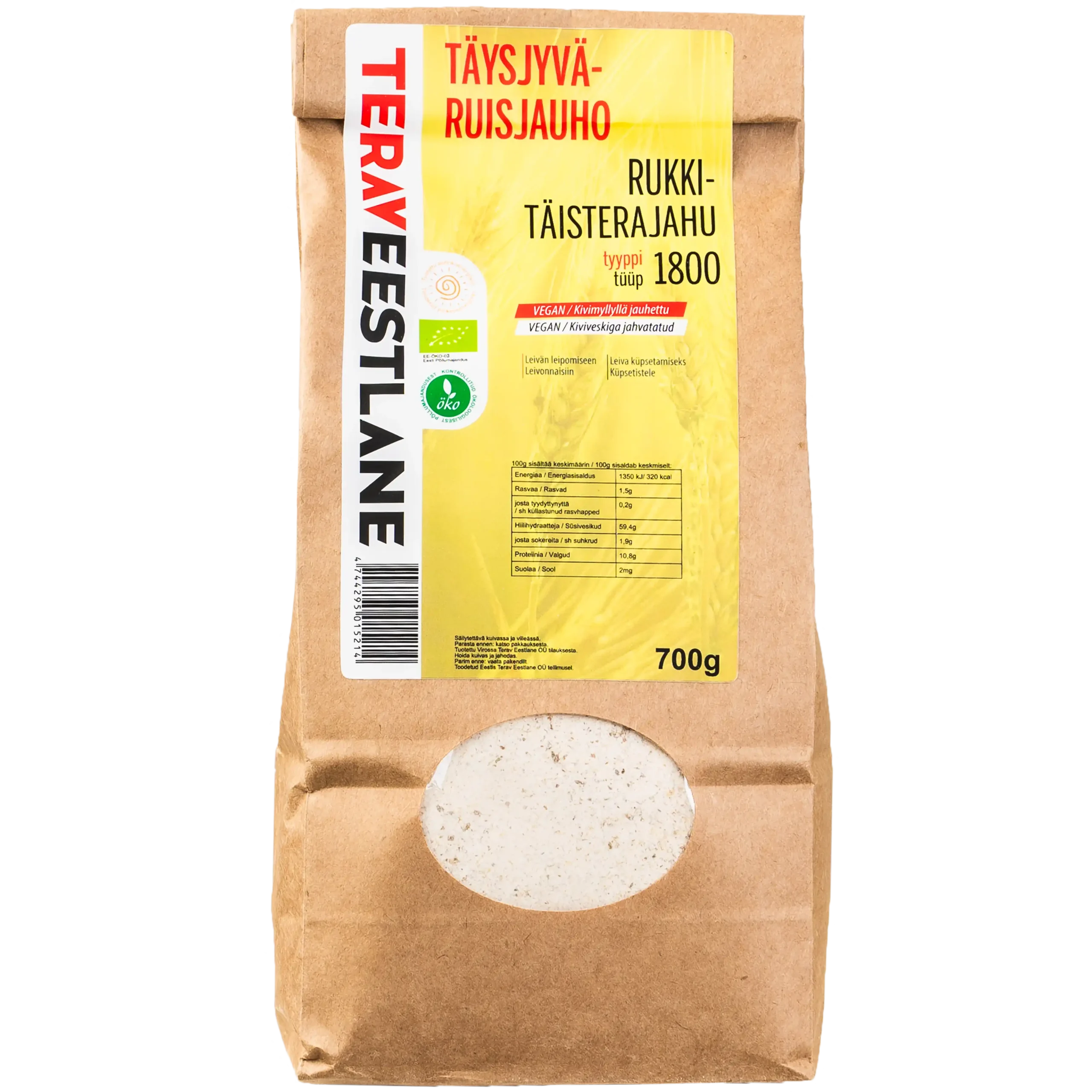 Täysjyväruisjauho 700g luomu tyyppi 1800 Terav Eestlane